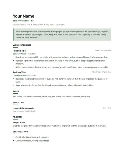 Alder resume template preview