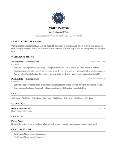 Ellington resume template preview