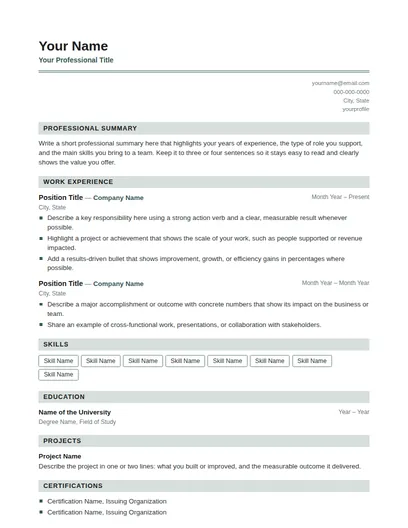 Irving resume template preview