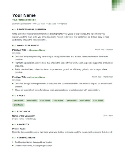 Pixel resume template preview