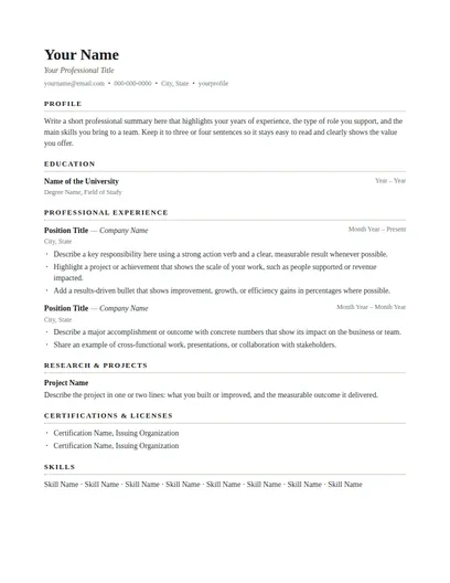 Yardley resume template preview