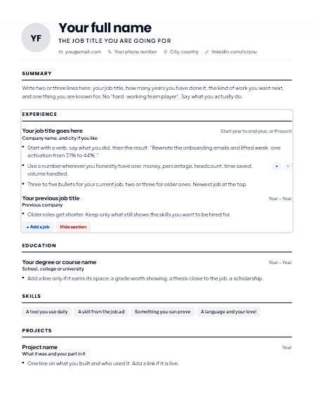 A resume being written on the page: name header, summary, experience with bullets, education, skills and projects