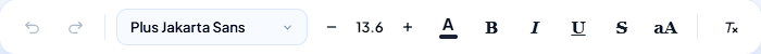 The editing toolbar appears when you select text: undo, font, size, colour, bold, italic, underline, strikethrough and change case